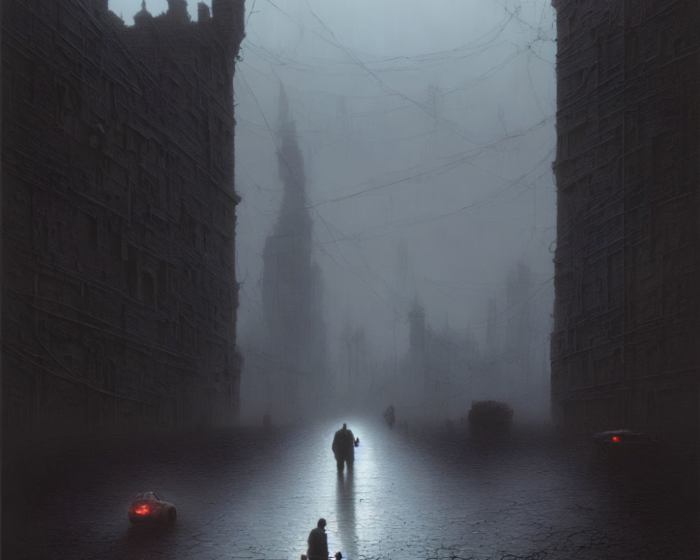 Foggy urban scene with silhouetted figures and gothic buildings