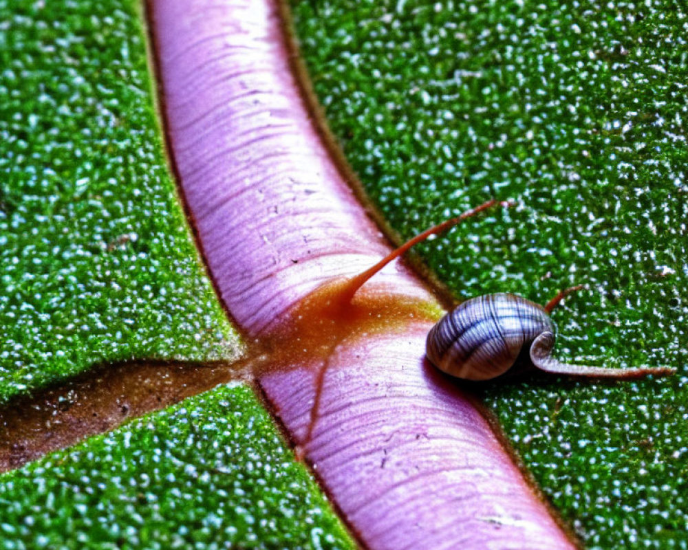 Striped shell snail crawling on green leaf with water droplets