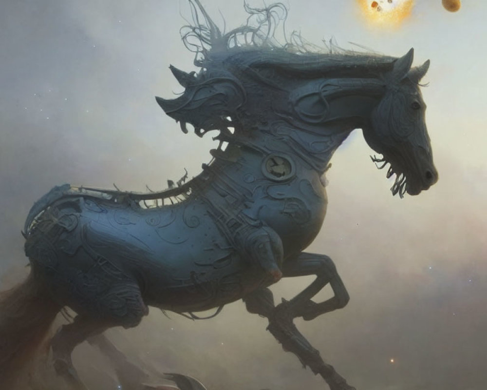 Intricately designed mechanical horse in cloudy sky