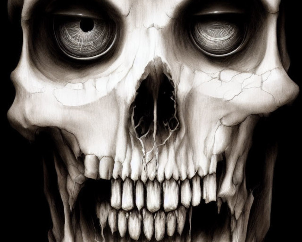 Detailed Human Skull Illustration with Hollow Eye Sockets and Cracked Bone Texture