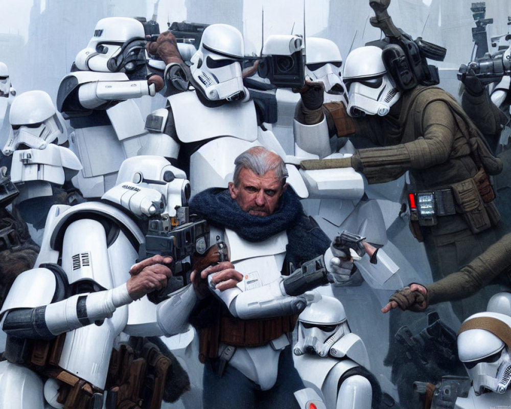 Elderly man with blaster faces stormtroopers in sci-fi battle