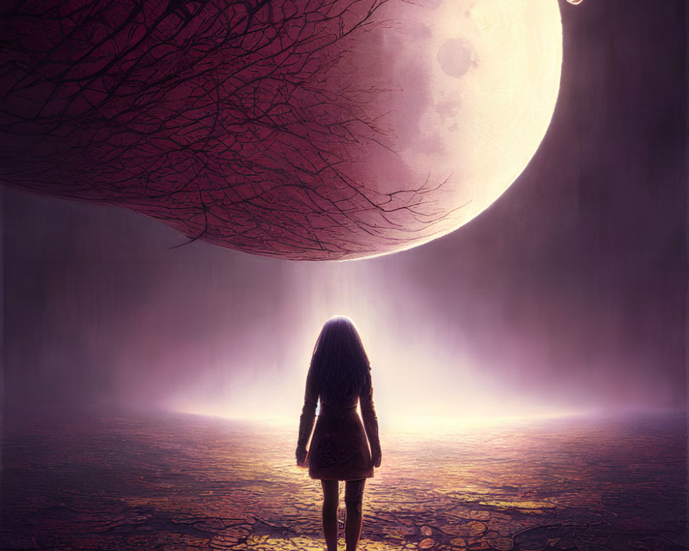 Silhouette of girl under glowing moon in surreal purple landscape