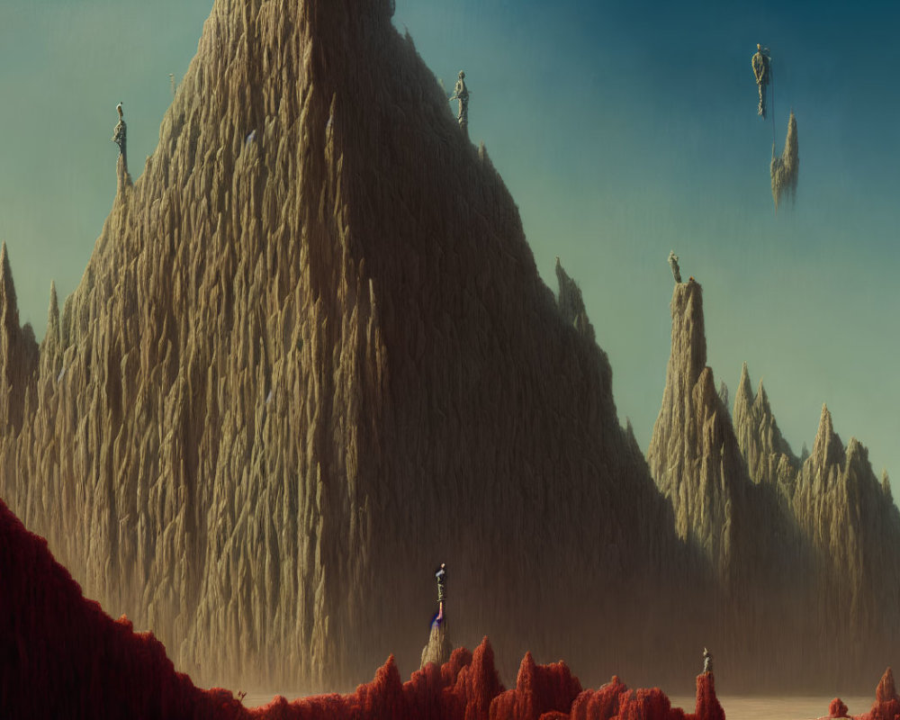 Surreal landscape with towering peaks and floating rocks under crimson sky