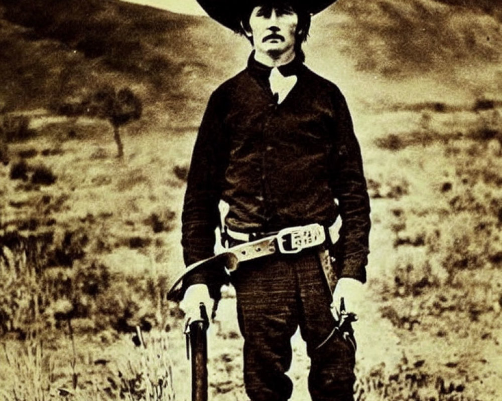 Sepia-Toned Photo: Person in Cowboy Hat with Rifle in Grassy Field