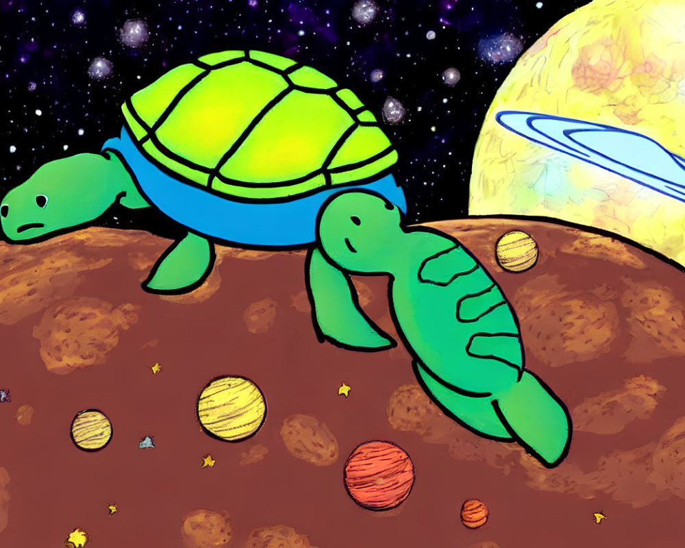 Cartoon turtles with space helmets on asteroid with colorful planets and stars