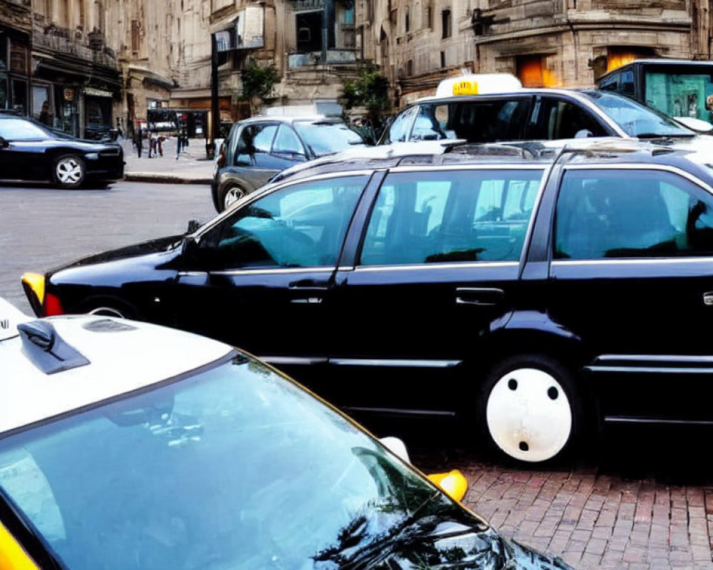 City street with lined up taxi cabs and historic buildings.