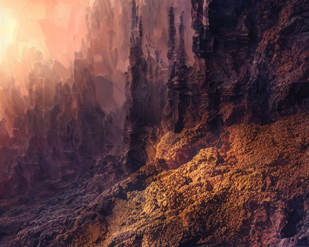 Fantastical landscape with crystal formations and glowing sun