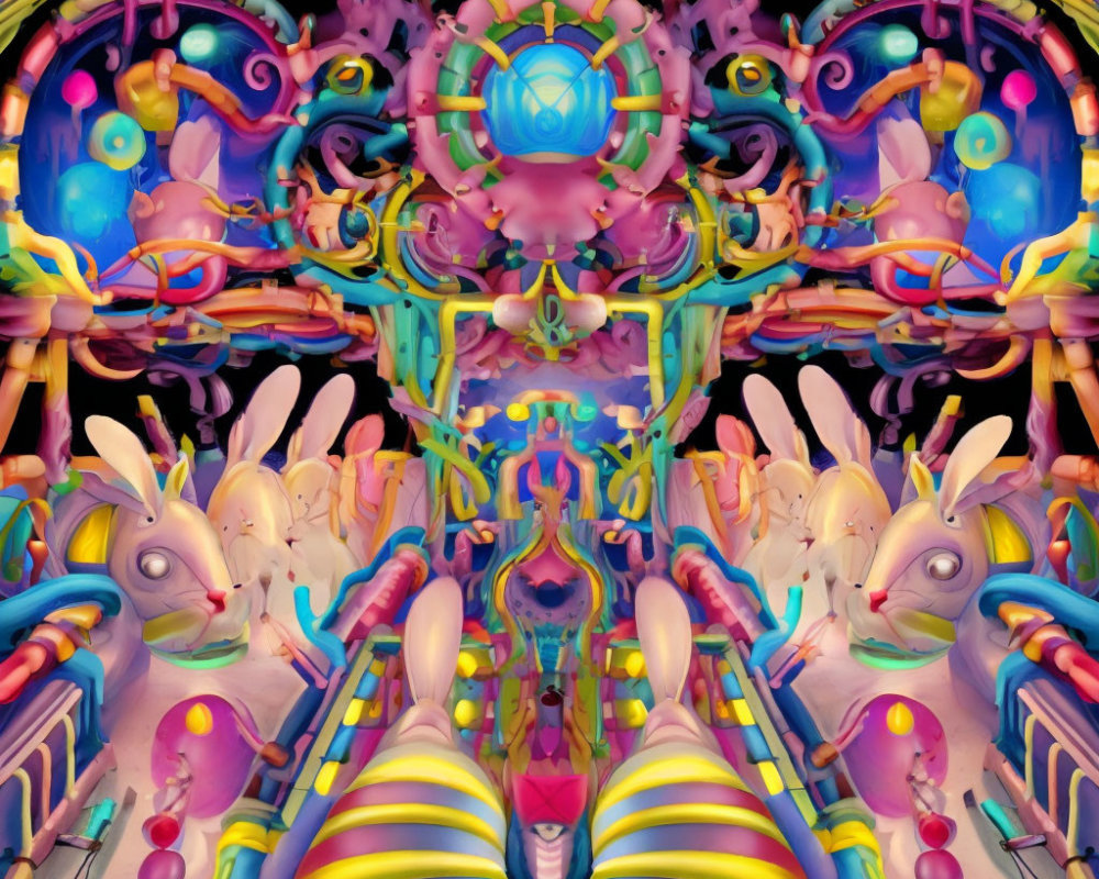 Symmetrical digital artwork with bunny-like figures and colorful abstract shapes