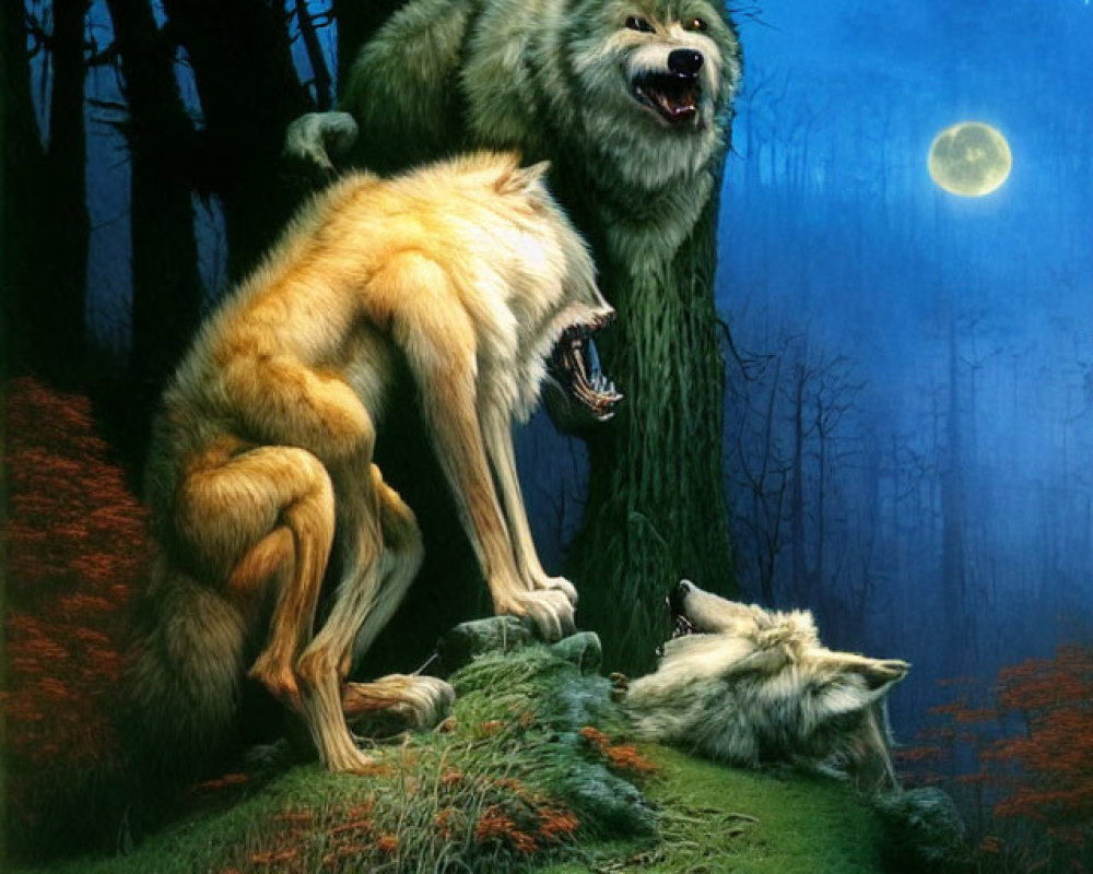 Two wolves in moonlit forest: one howling on rock, one resting by trees