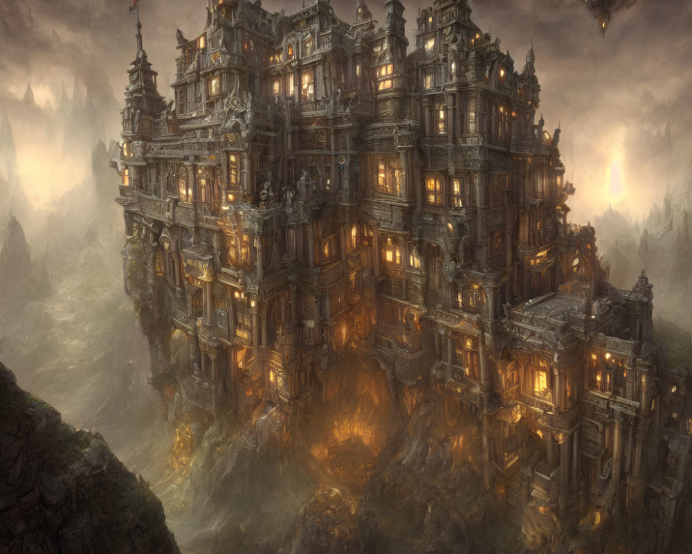 Fantasy castle on rocky outcrop in misty landscape