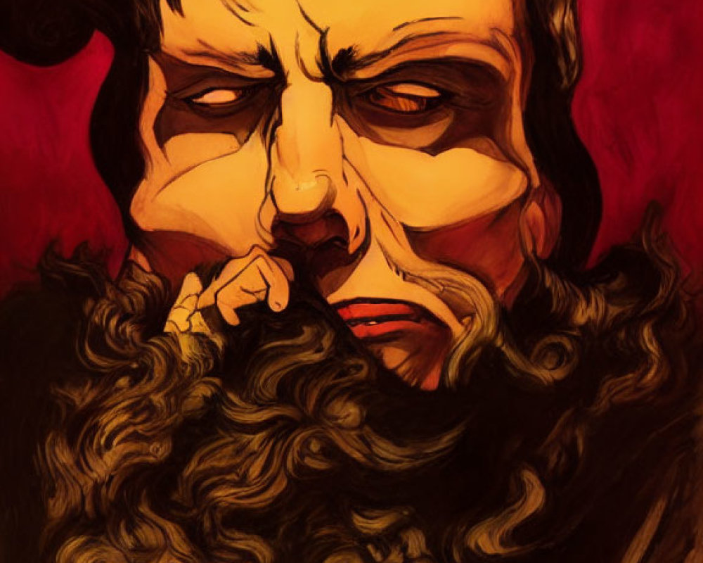 Man with Horns and Black Beard on Red Background: Mythological Illustration