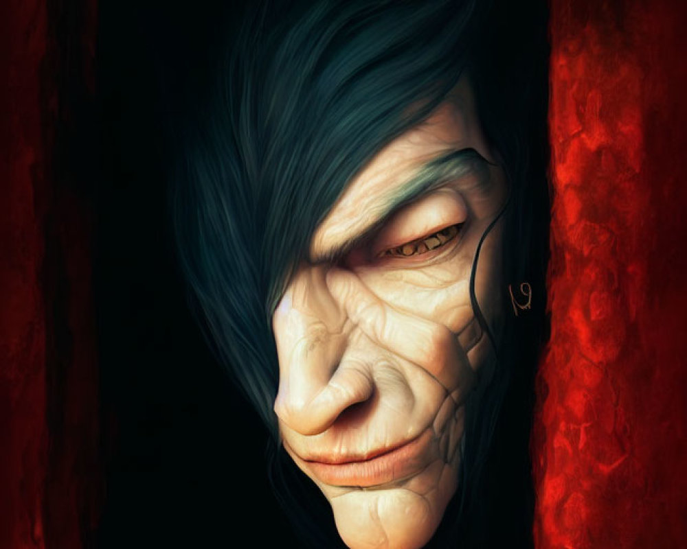 Sinister face with teal hair on dark, red background