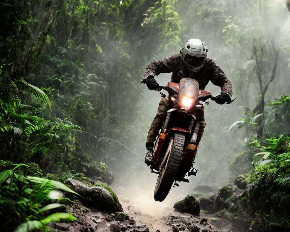 Motorcyclist riding through misty green forest trail at night