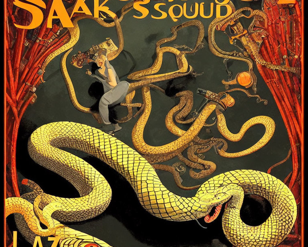 Vibrant artwork: giant yellow snake, person with saxophone, flames, and musical instruments