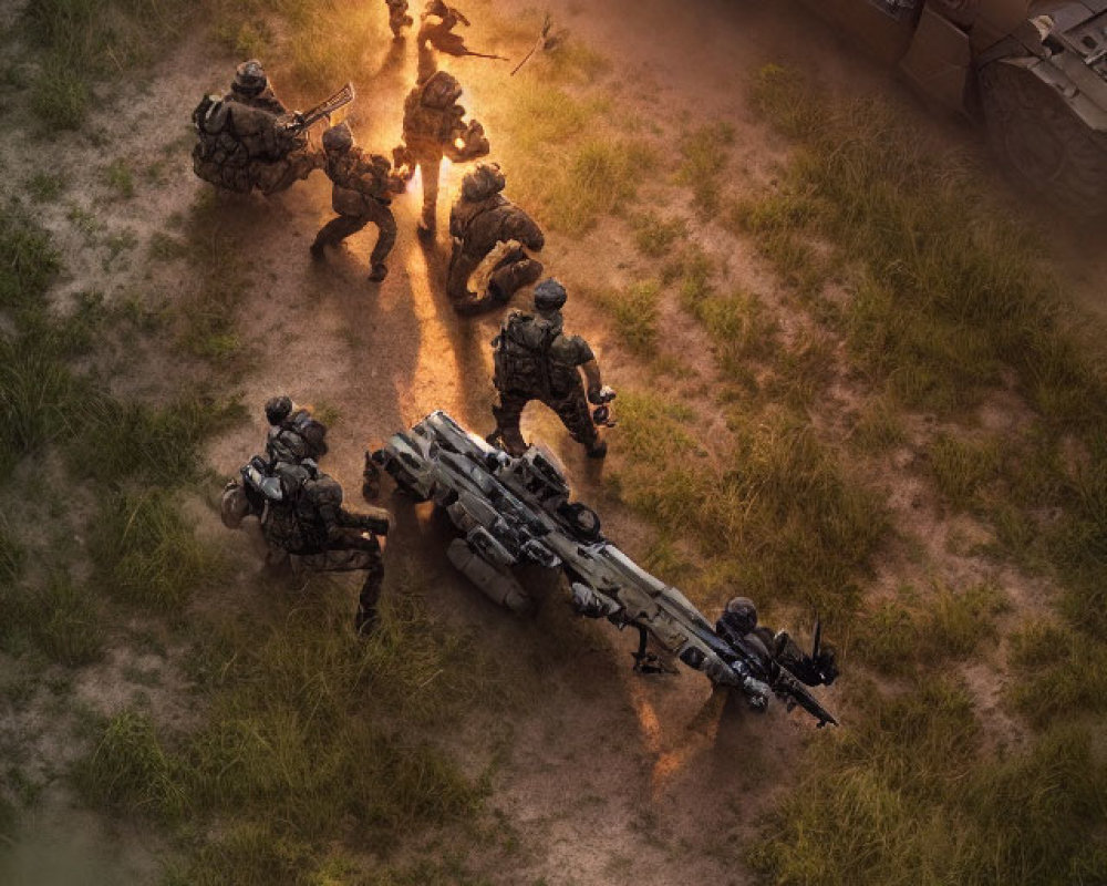 Military soldiers in combat gear with heavy weapon at dusk near a fire