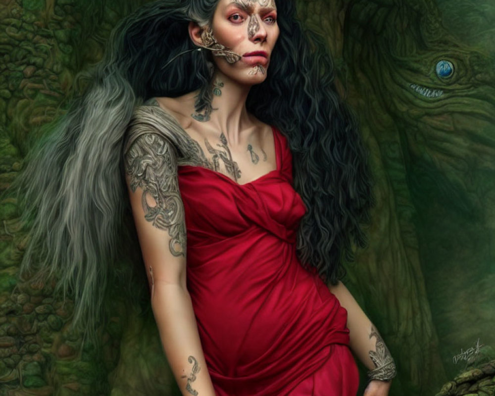 Fantasy artwork: Woman with black hair, tattooed arms, red dress, mystical gaze