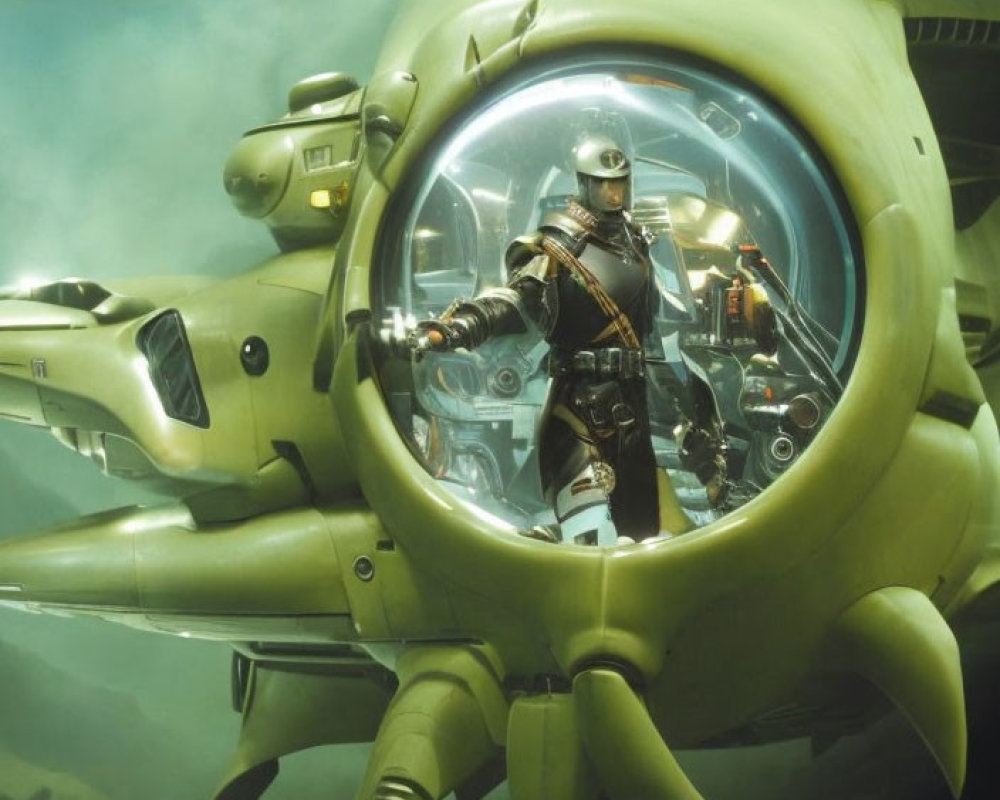 Futuristic underwater pilot in cockpit of submarine craft