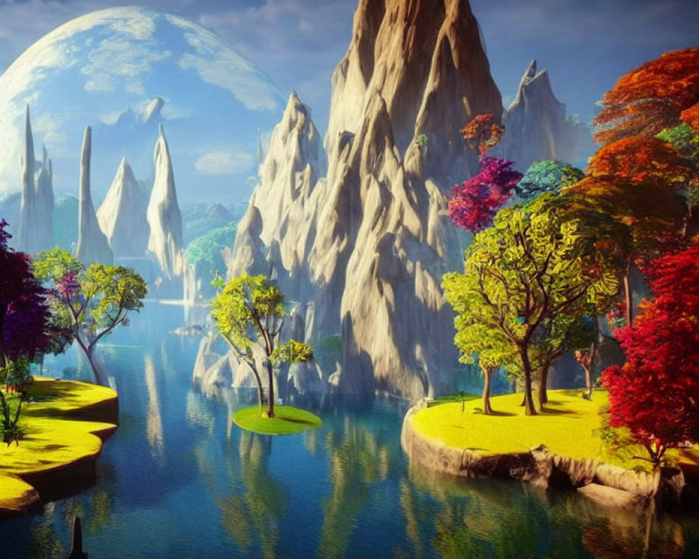 Colorful Trees on Floating Islands in Otherworldly Landscape