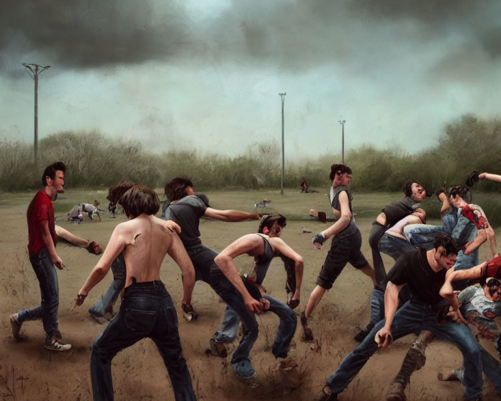 Men participating in chaotic tug-of-war under overcast skies