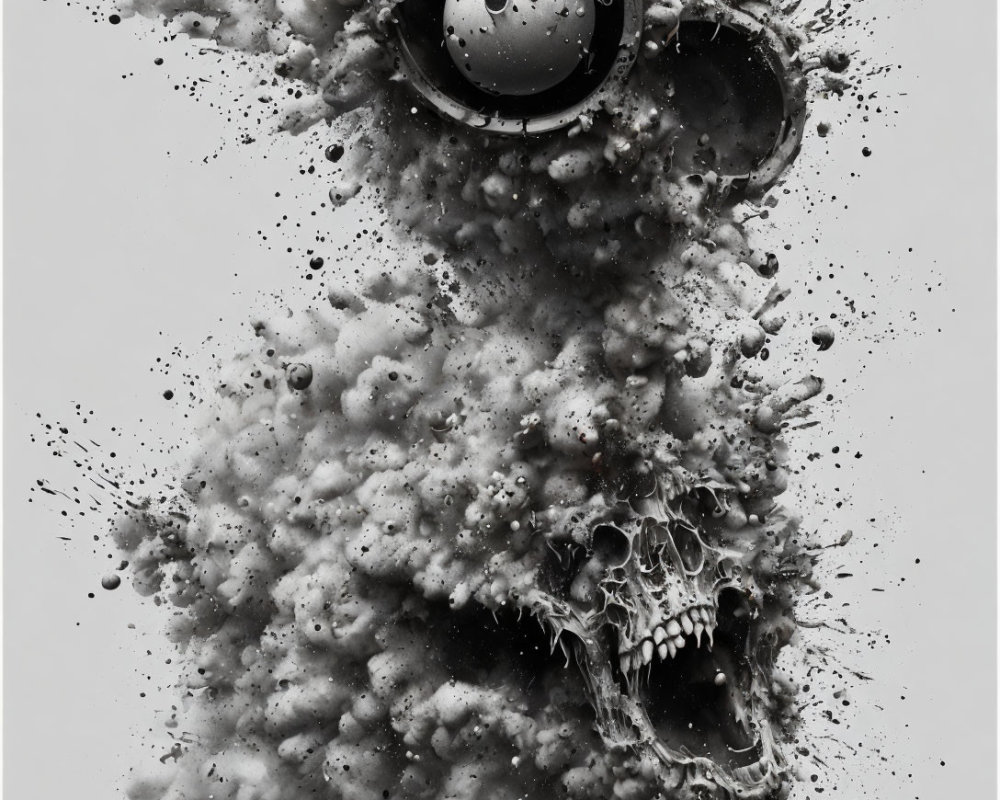 Monochromatic skull art with exploding elements and one intact eye