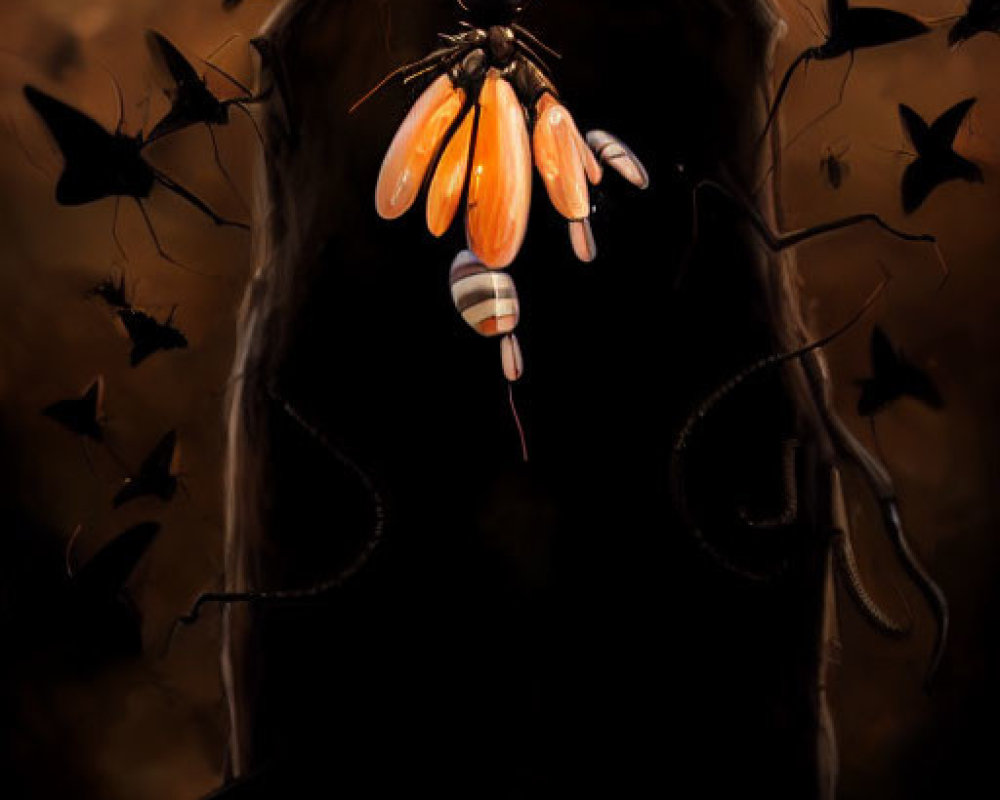 Ant with pumpkin lantern and bats in spooky Halloween scene