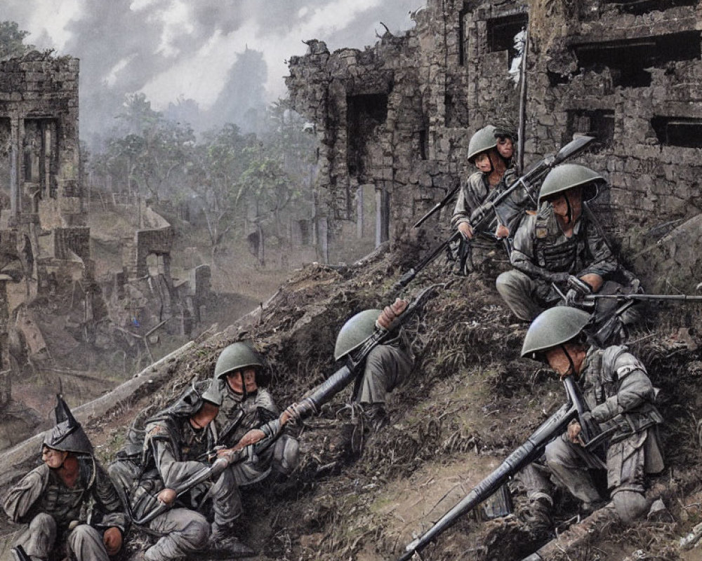 Military soldiers with rifles crouch in ruins amid war-torn landscape