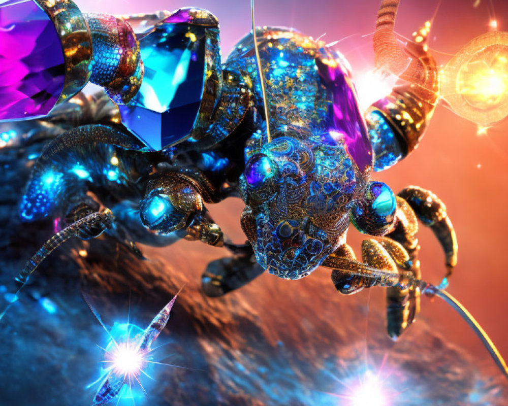 Fantastical ornate robot beetle with glowing accents on colorful background