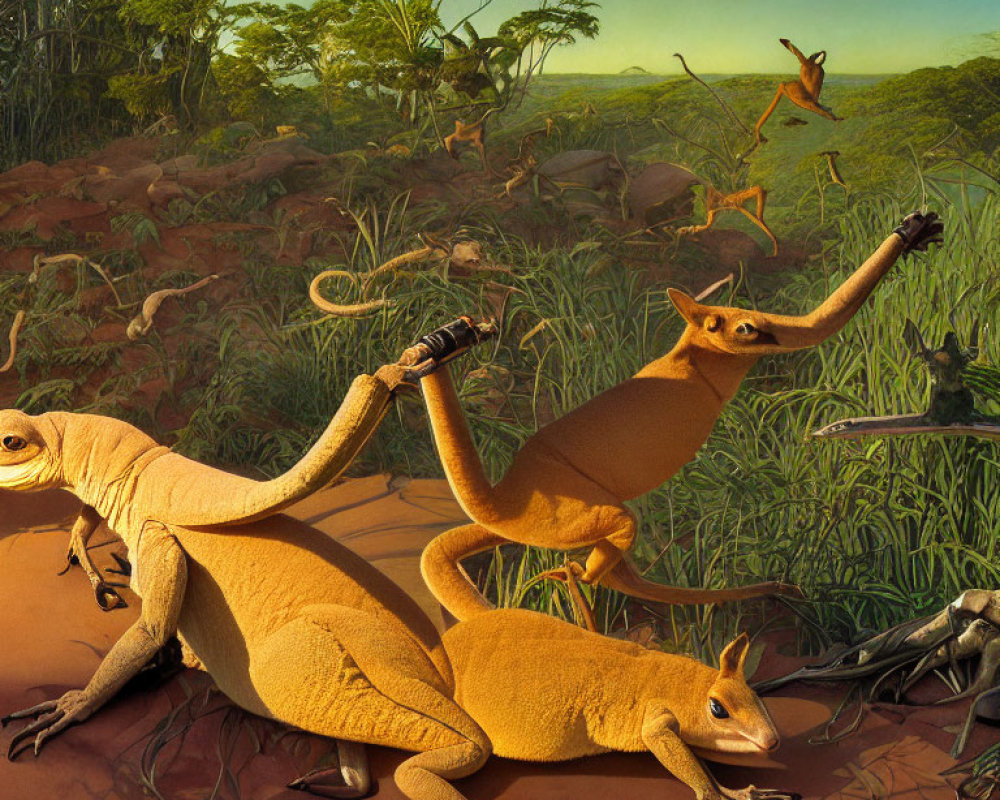 Prehistoric landscape painting with dinosaur-like reptiles amid lush greenery