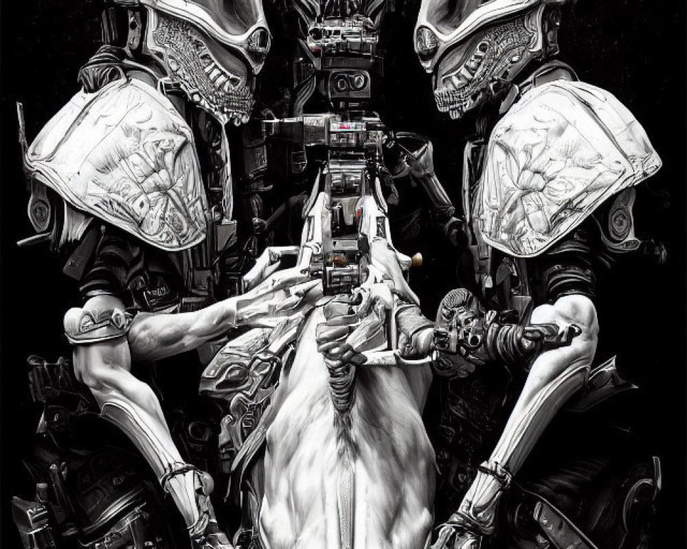 Futuristic robotic figures with skull-like helmets and intricate armor beside a menacing mechanical contraption.