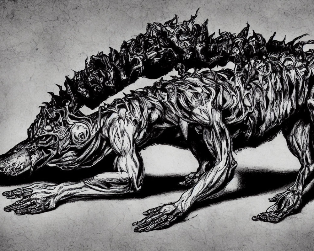 Monochrome drawing of skeletal, multi-headed canine creature