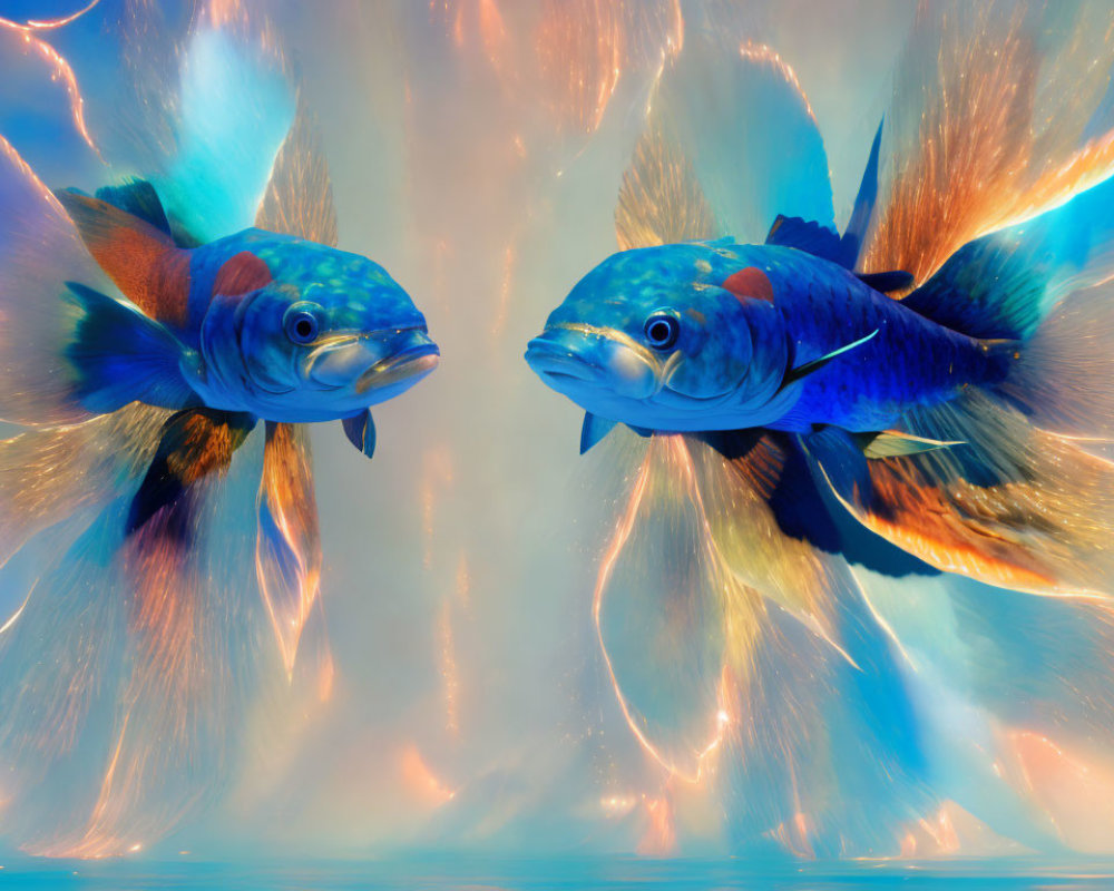 Colorful Blue and Orange Fish Swimming in Soft Blue Background