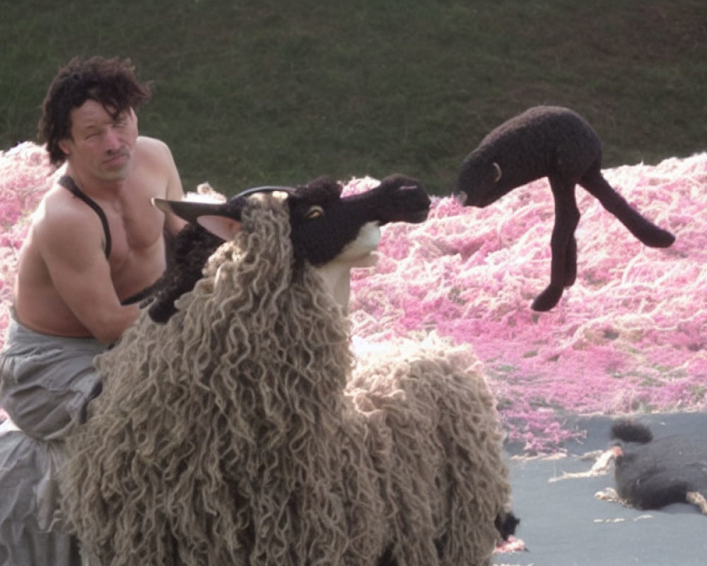 Man hugging sheep on pink grass with surprised expression