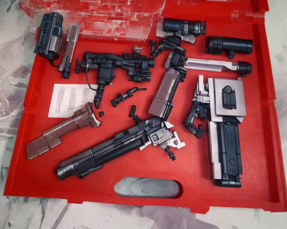 Collection of Plastic Toy Guns and Weapons on Red Tray