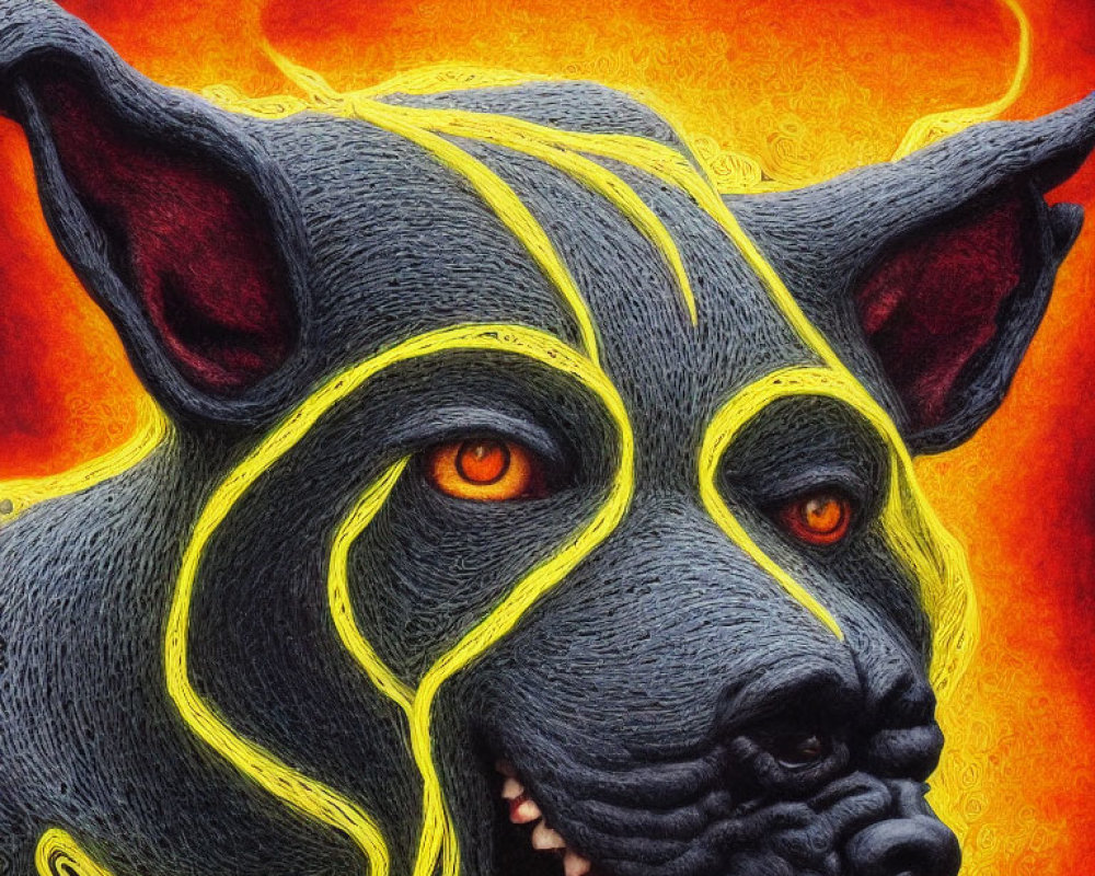 Colorful stylized dog art with glowing yellow lines on fiery red background