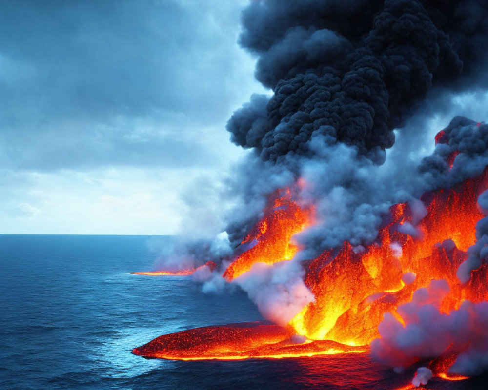 Volcanic eruption at dusk: lava flowing into the sea