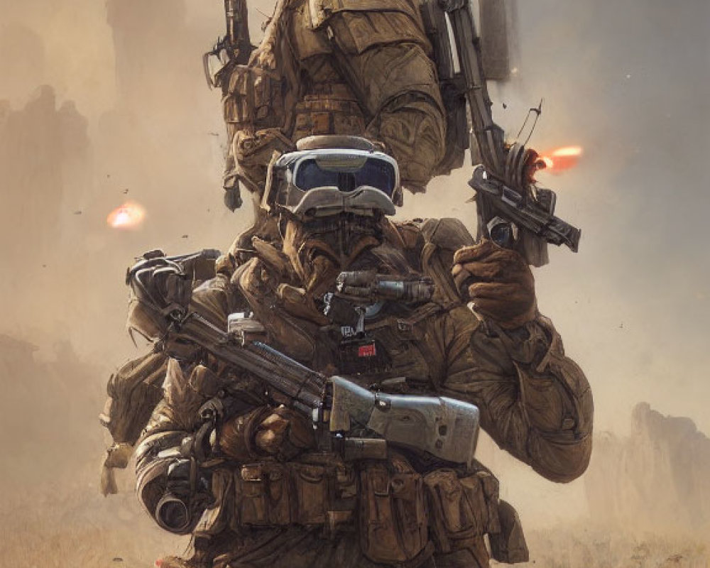 Futuristic soldier with advanced weaponry in battlefield scene