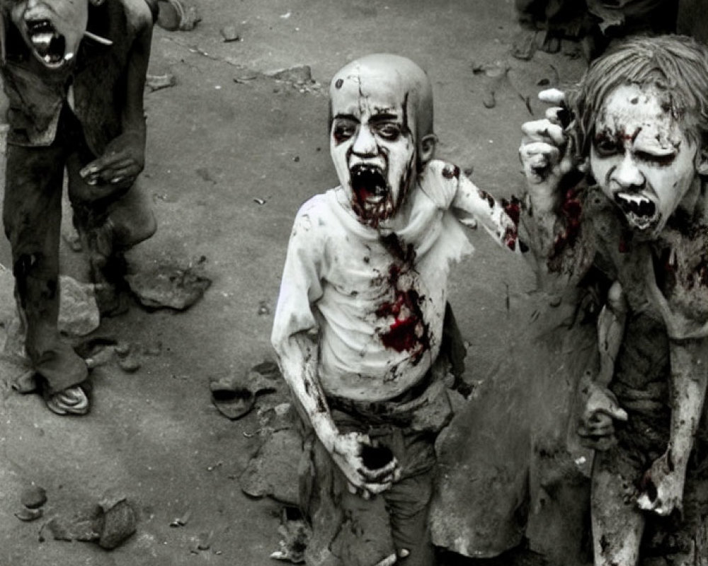 Monochrome image of children in zombie makeup with faux blood and torn clothes