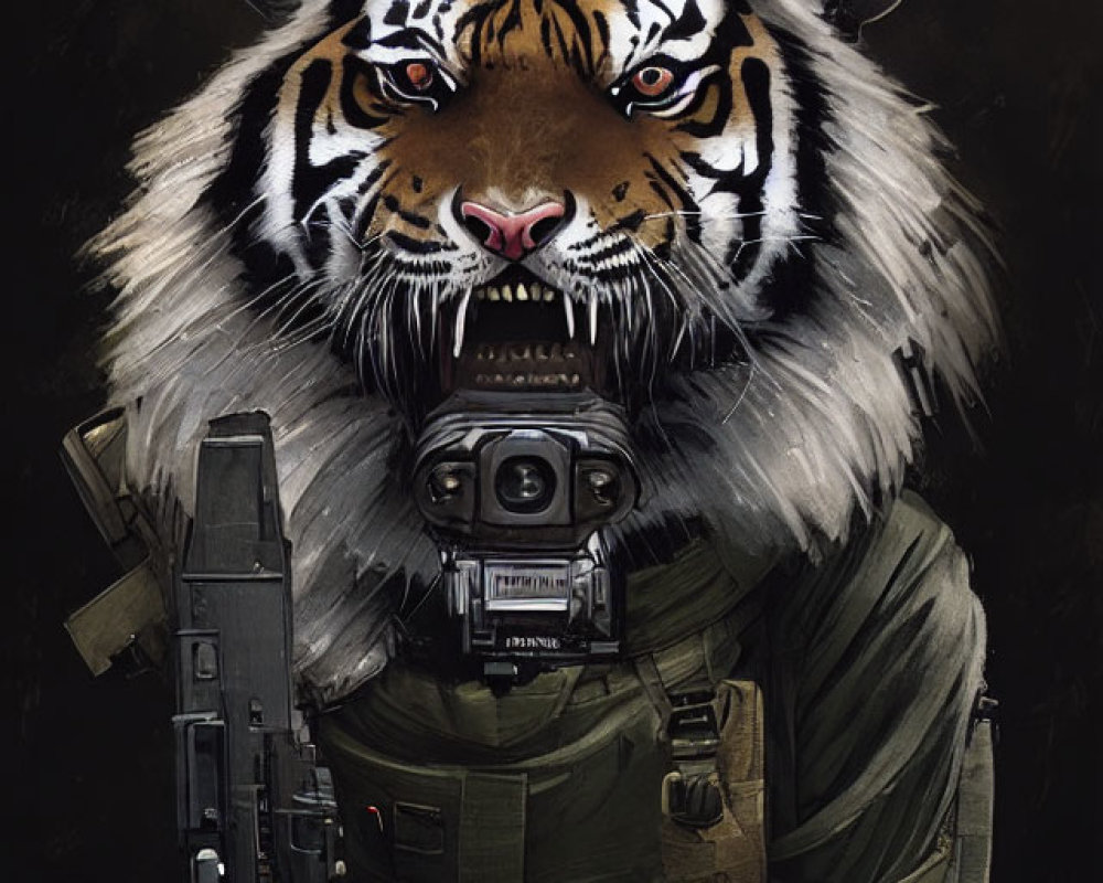 Tiger-headed soldier with night vision goggles and rifle in military gear