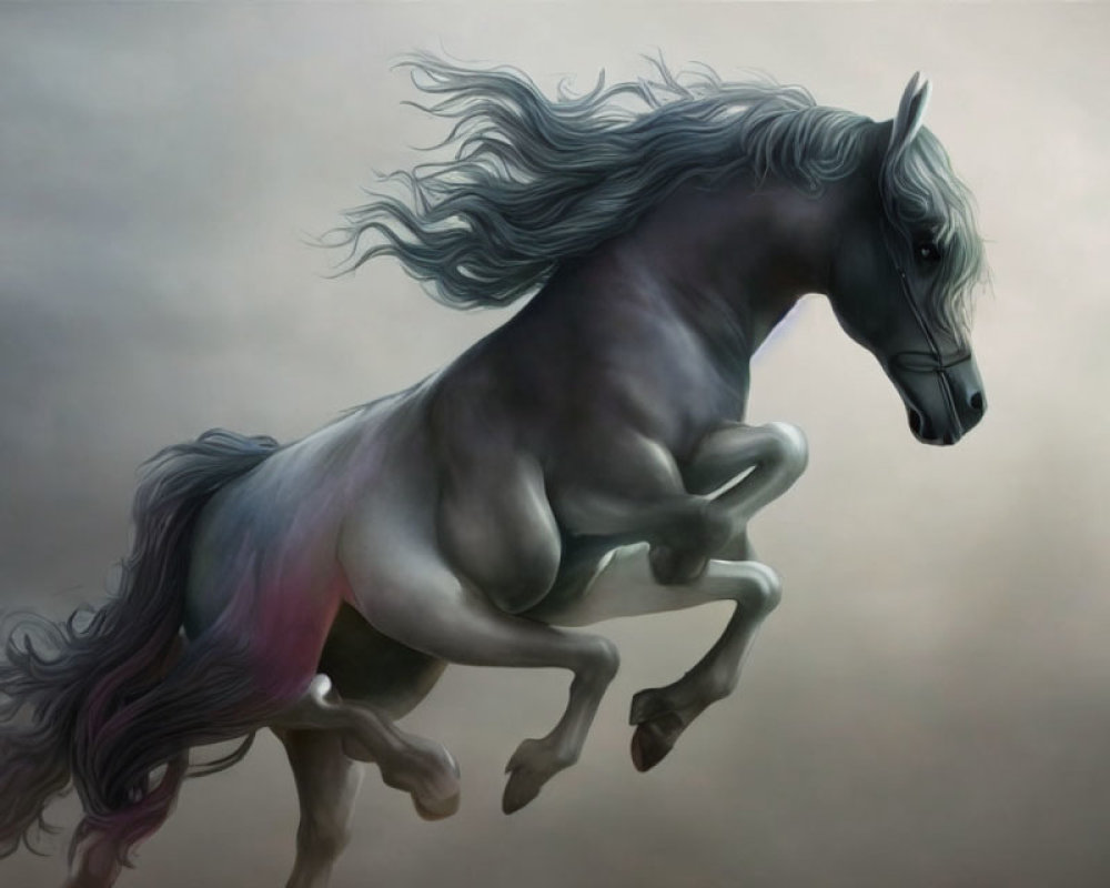 Gray horse with flowing mane and tail galloping gracefully against cloudy backdrop