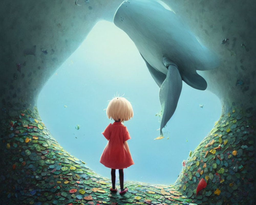 Young girl in red dress observes whale and fish in underwater scene