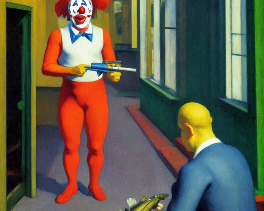 Clown with water gun faces bald man with real gun in urban scene