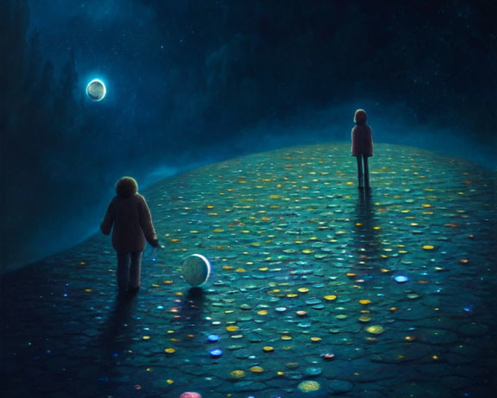 Person and child on glowing cobblestone path under starry sky with glowing orb.