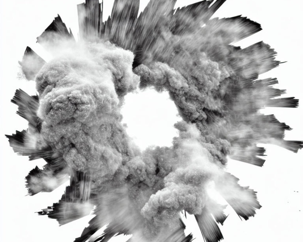 Monochrome abstract explosion with smoky textures and sharp radiating fragments