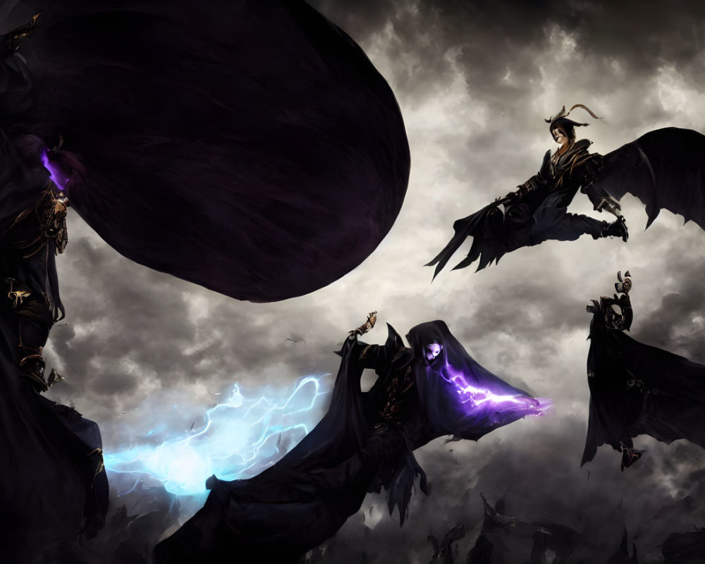 Cloaked Figures with Horns and Purple Energy in Stormy Fantasy Scene