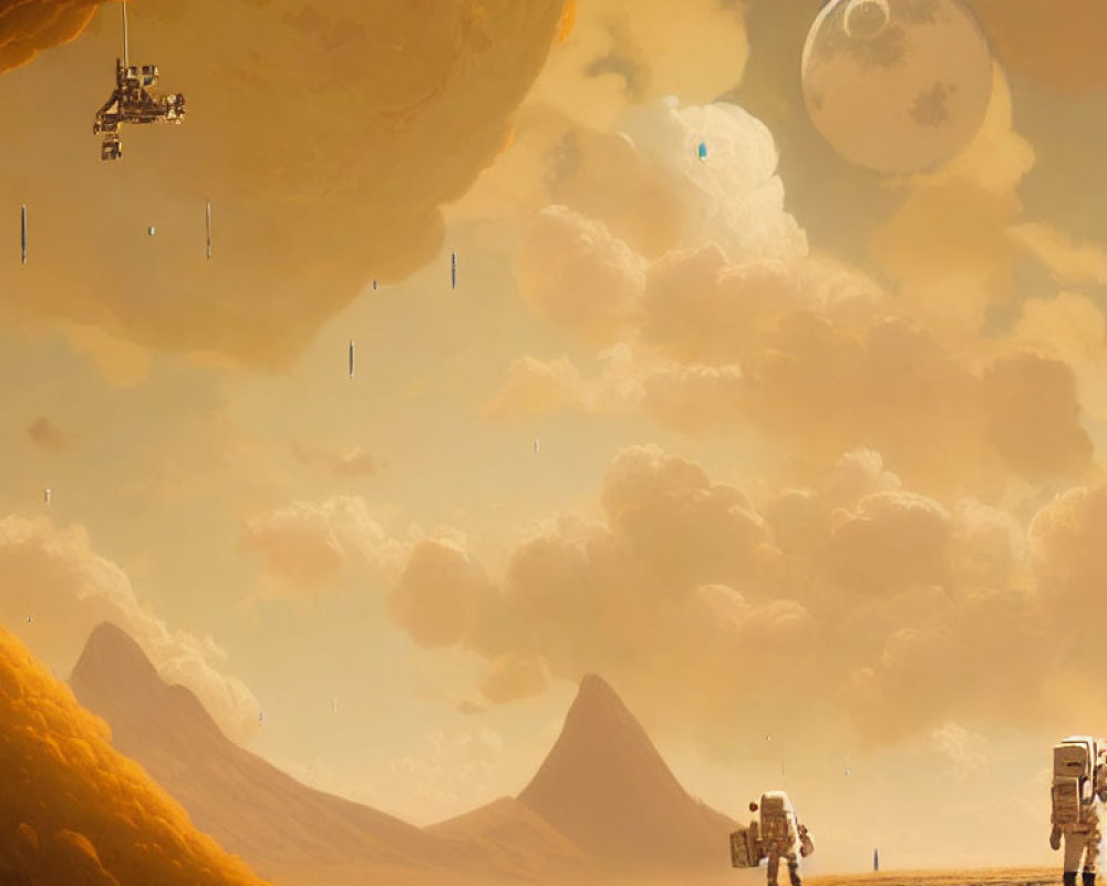 Astronauts exploring alien planet under yellow sky with spaceship and moon