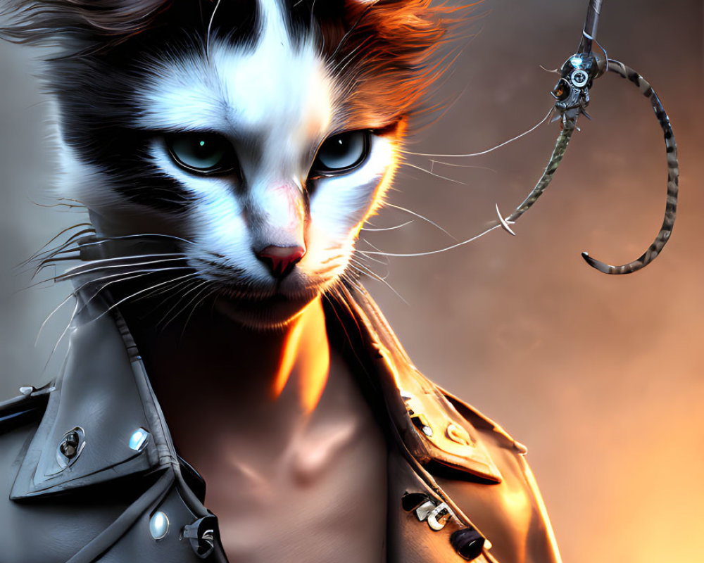 Blue-eyed anthropomorphic cat in leather jacket against orange backdrop with scythe earring.