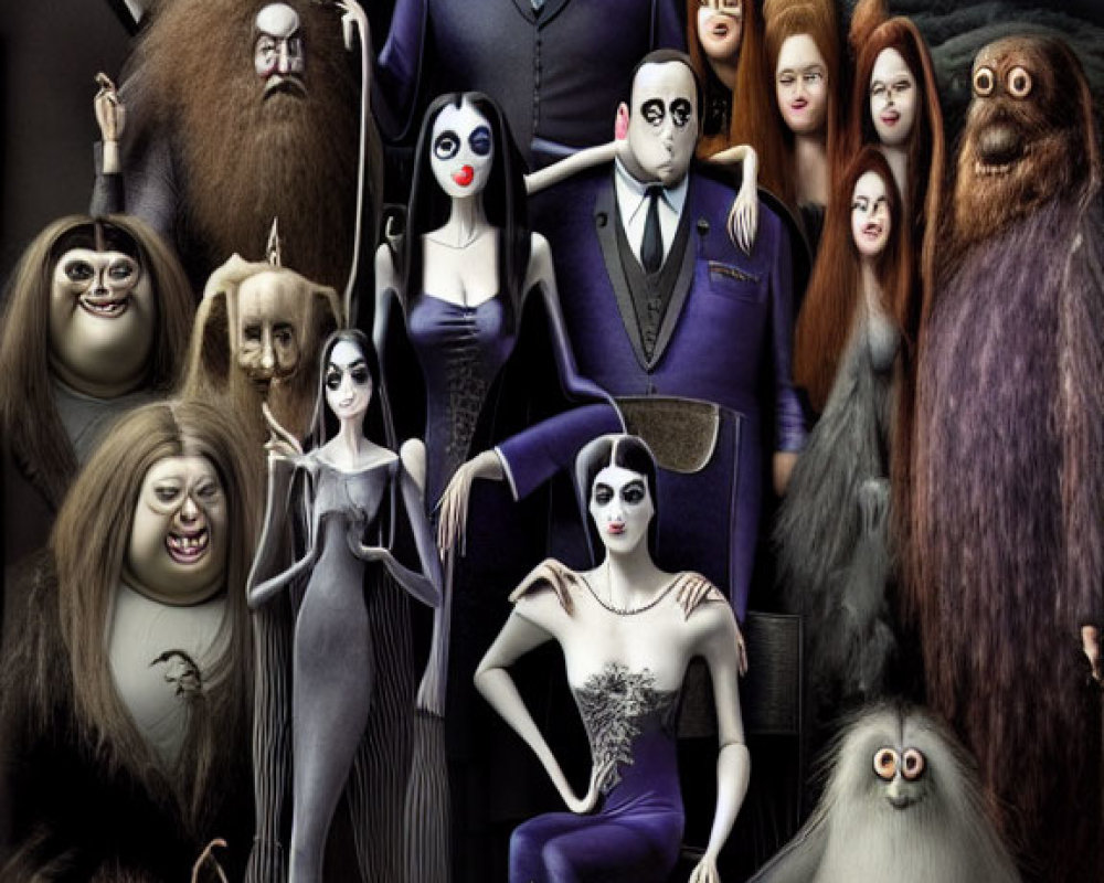 Gothic and eerie Addams Family illustration with unique figures