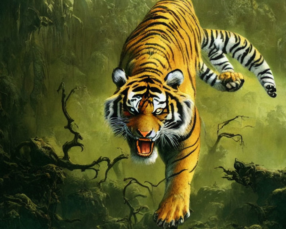 Aggressive tiger leaping in dense jungle with snarling fangs & intense eyes