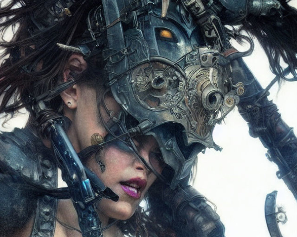 Mechanical helmet woman in detailed armor with intense gaze