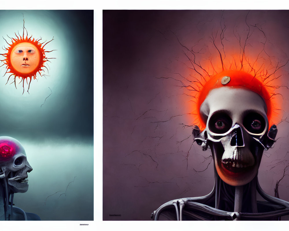 Surreal dual-panel artwork: baby's face in sun, skeletal figure with colorful brain.